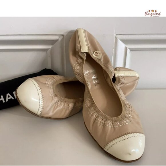 Authentic CHANEL Taupe Leather White Patent Leather Cap Toe Ballet Flats 7.5 - Picture 4 of 14
